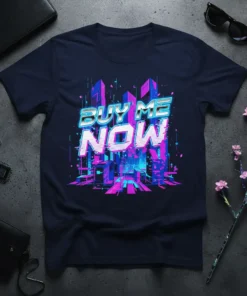 BUY ME NOW text overlaying a vibrant neon city skyline graphic in blue and pink, on a navy t-shirt