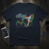 Buy the dip t-shirt design with a rocket launching over a stock market trading chart, featuring green and red candles