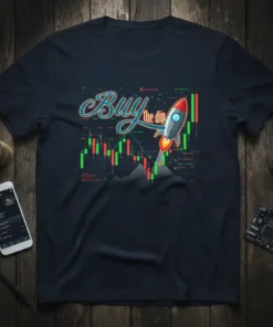 Buy the dip t-shirt design with a rocket launching over a stock market trading chart, featuring green and red candles