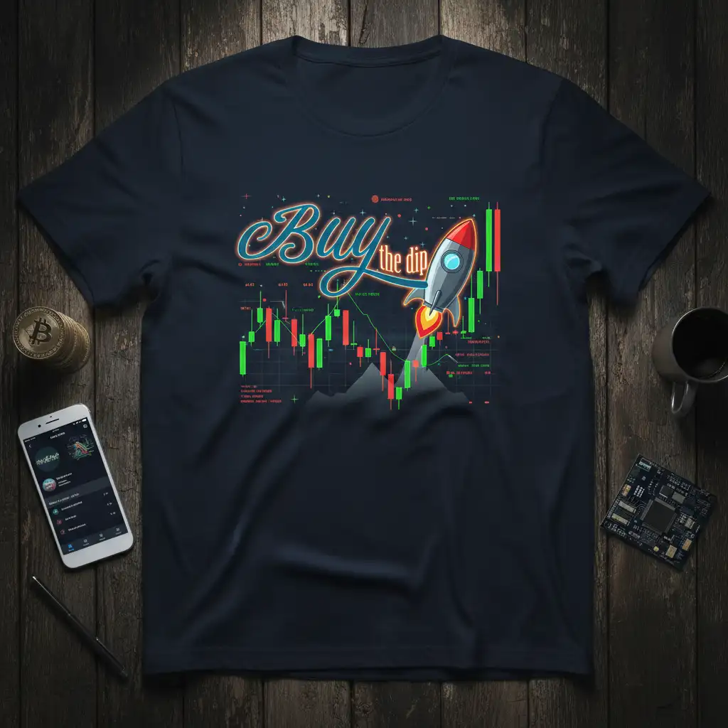 Buy the dip quote with rocket graphic on a dark navy t-shirt, showcasing a stock trading chart
