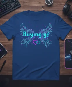 Buying gf t-shirt with pixelated circuit board design and pink hearts