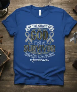 By The Grace Of God I'm A Survivor Brain Cancer Awareness text with grey ribbons on a blue t-shirt
