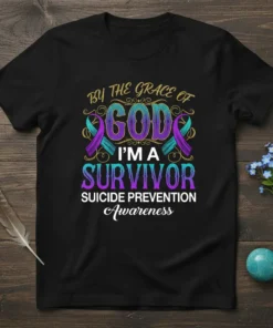 T-shirt with "By The Grace Of God I'm A Survivor Suicide Prevention Awareness" text and teal/purple ribbons
