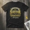 Black t-shirt featuring "By The Grace of God Survivor I'm a Endometriosis Awareness" in ornate gold lettering with a yellow