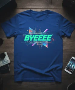 BYEEEE text in neon green with a futuristic circuit board graphic design on a blue t-shirt
