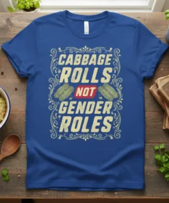 T-shirt with "CABBAGE ROLLS NOT GENDER ROLES" text and cabbage roll graphics, in a vintage ornamental frame