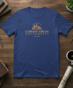Cabrini Green University Est 1942 Chicago skyline design on a blue t-shirt