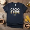 Navy t-shirt with "Cacio e Pepe" text and a graphic of spaghetti, representing the classic Italian pasta dish