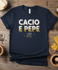 Navy t-shirt with "Cacio e Pepe" text and a graphic of spaghetti, representing the classic Italian pasta dish