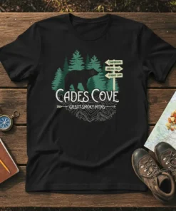 Cades Cove Great Smoky Mountains t-shirt with a black bear, forest graphic, and directional signs