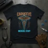 Caduceus Medical Staff t-shirt with a golden steampunk-inspired Caduceus symbol and glowing blue accents