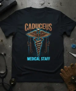 Caduceus Medical Staff t-shirt with a golden steampunk-inspired Caduceus symbol and glowing blue accents