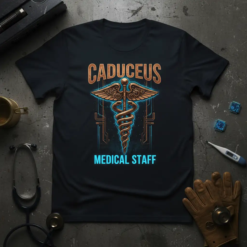 CADUCEUS MEDICAL STAFF t-shirt design with steampunk Caduceus symbol and circuit accents