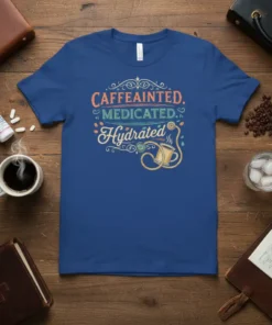 CAFFEINTED. MEDICATED. Hydrated bold graphic design printed on comfortable cotton t-shirt
