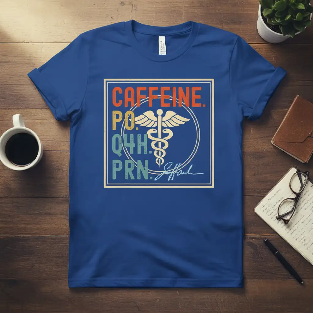 CAFFEINE. PO Q4H. PRN. unique artwork printed on soft premium material creating a standout t-shirt