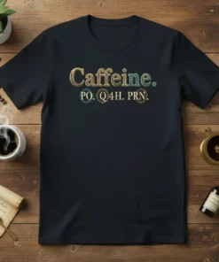 Caffeine. PO. Q4H. PRN. stylish graphic design printed on comfortable cotton t-shirt