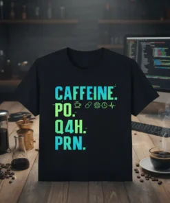 Black t-shirt with "Caffeine PO Q4H PRN" text and icons for coffee, pills, gear, clock, and heartbeat line