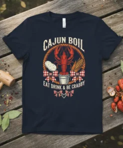 Cajun Boil Eat Drink & Be Crabby t-shirt design featuring a lobster, corn, potato, and red gingham bows
