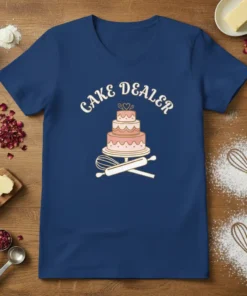 Navy blue t-shirt with "CAKE DEALER" text above a tiered cake graphic, rolling pin, and whisk