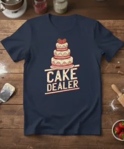 CAKE DEALER text design with a multi-tiered cake graphic, cream and pink frosting, and strawberries on a navy t-shirt