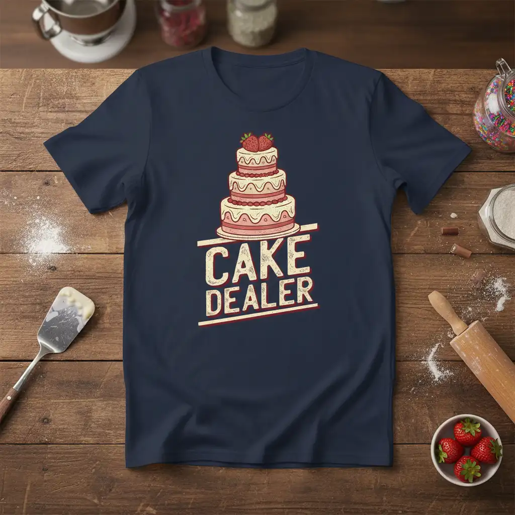 CAKE DEALER text and illustration of a three-tier cake with strawberries on a t-shirt design