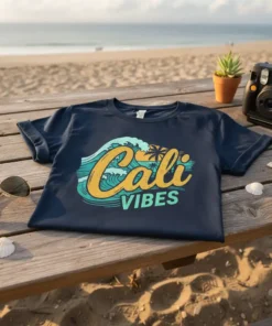 Cali VIBES t-shirt with a retro wave and palm tree design, featuring text in yellow and teal