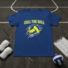 Blue t-shirt with yellow text "CALL THE BALL" and a dynamic volleyball graphic
