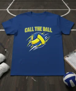 Blue t-shirt with yellow text "CALL THE BALL" and a dynamic volleyball graphic
