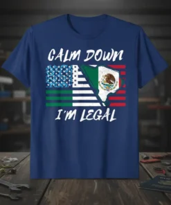 Calm Down I'm Legal t-shirt with combined USA and Mexico flags and text