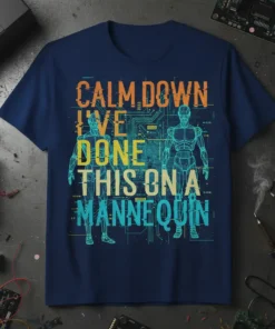 Calm Down I've Done This On A Mannequin text with futuristic circuit board graphic and robot outlines on a navy