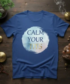 Blue t-shirt with "CALM YOUR TITS" text in a circular watercolor design, featuring gold lettering for "TITS"