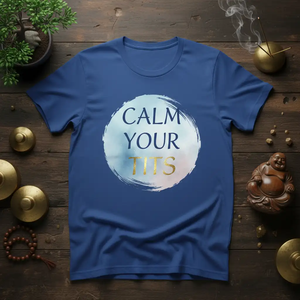 Calm Your Tits quote on a blue t-shirt with gold lettering, featuring a watercolor circle design