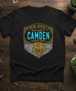 Camden New Jersey Garden State T-Shirt with vintage license plate design and yellow rose graphic