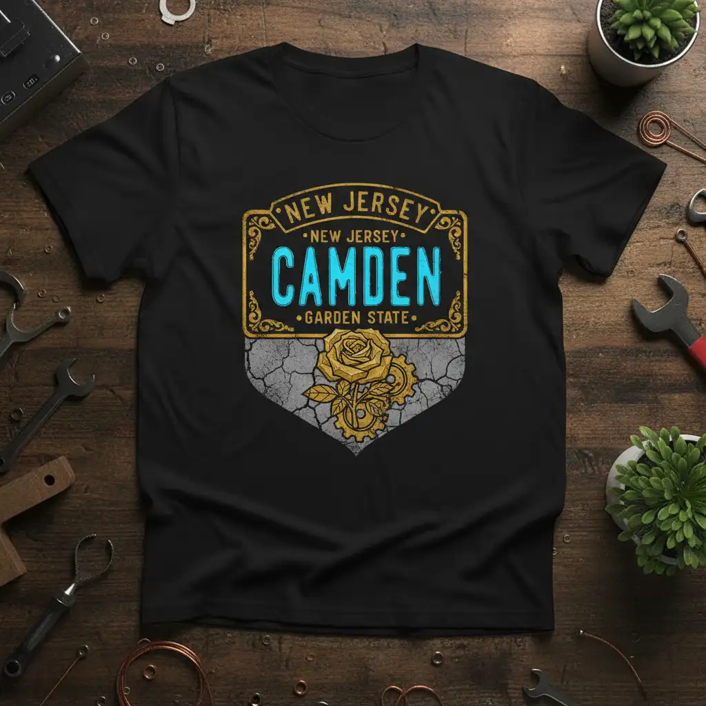 Camden New Jersey Garden State T-Shirt featuring a vintage license plate design with a rose and gears graphic