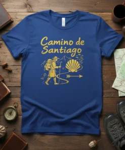 Camino de Santiago t-shirt with hiker graphic, scallop shell, and mountains in gold design