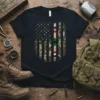 Distressed camouflage American flag t-shirt design with thin red, white, green, and blue stripes on the right side