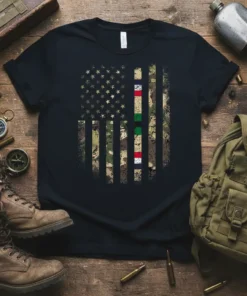 Distressed camouflage American flag t-shirt design with thin red, white, green, and blue stripes on the right side