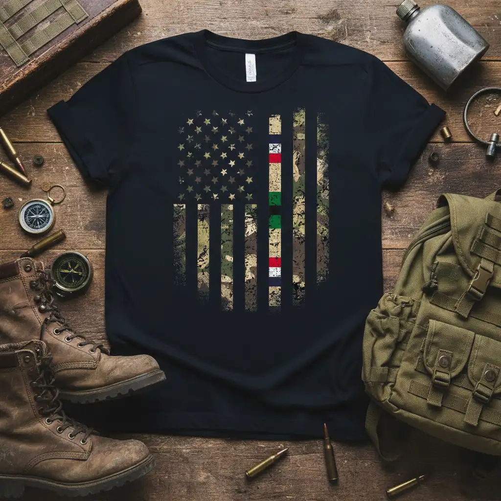 Distressed camouflage American flag t-shirt graphic with thin red, white, green, and blue stripes on the right side