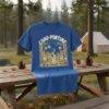 Camp Funtime t-shirt design with cartoon fox playing guitar and owl reading by a campfire