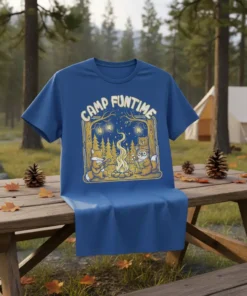 Camp Funtime t-shirt design with cartoon fox playing guitar and owl reading by a campfire