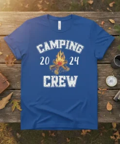 Blue t-shirt with "CAMPING 20 24 CREW" text and a campfire graphic, perfect for group camping trips