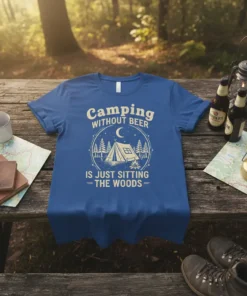 Camping without beer is just sitting = the woods quote on a blue t-shirt featuring a tent graphic under a