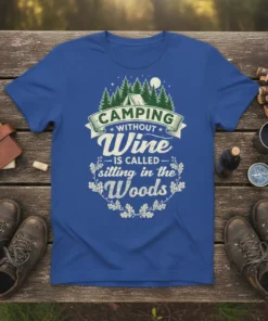 Camping Without Wine Is Called Sitting In The Woods quote t-shirt with tent and trees graphic