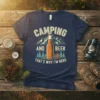 Camping And Beer That's Why I'm Here text with beer bottle and mountain graphic on a navy t-shirt