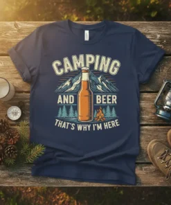 Camping And Beer That's Why I'm Here text with beer bottle and mountain graphic on a navy t-shirt