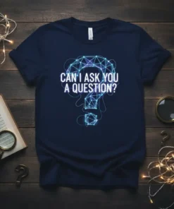 Can I Ask You A Question? quote with a neon geometric question mark graphic on a navy blue t-shirt