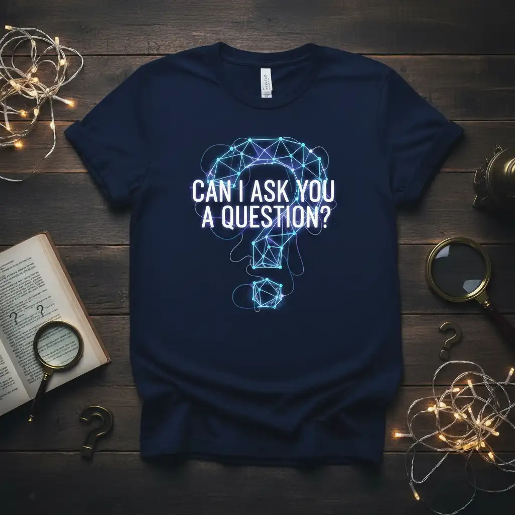 CAN I ASK YOU A QUESTION? quote in bold neon font with a geometric question mark graphic on a navy t-shirt