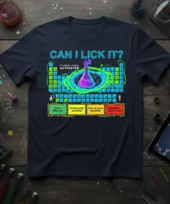 CAN I LICK IT? Curiosity phase: ACTIVATED science t-shirt with periodic table and chemistry flask graphic