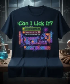 Dark t-shirt with "Can I Lick It?" quote and colorful periodic table design, featuring funny options like "Sure, go for