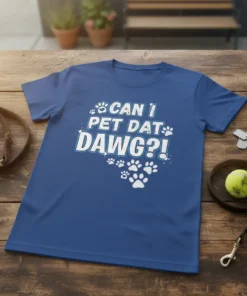 Blue t-shirt with white and light blue text "CAN I PET DAT DAWG?!" and scattered paw prints